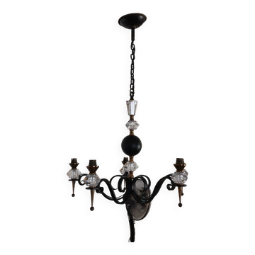 Modernist chandelier in wrought iron, brass, and Sèvres crystal (1950)