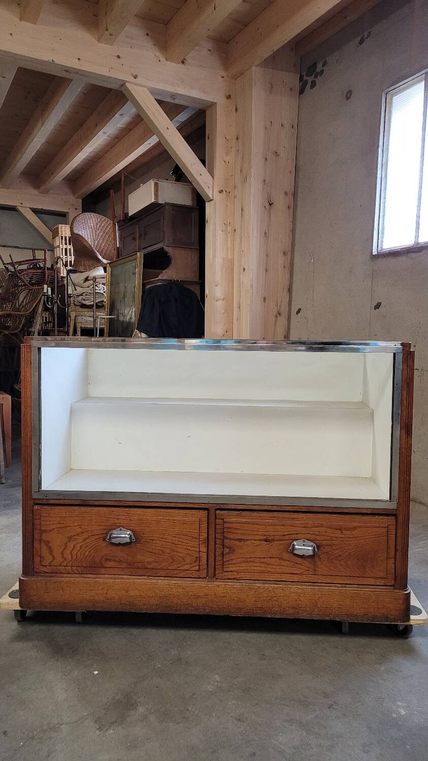 Shop counter display cabinet with old drawers, 1900s