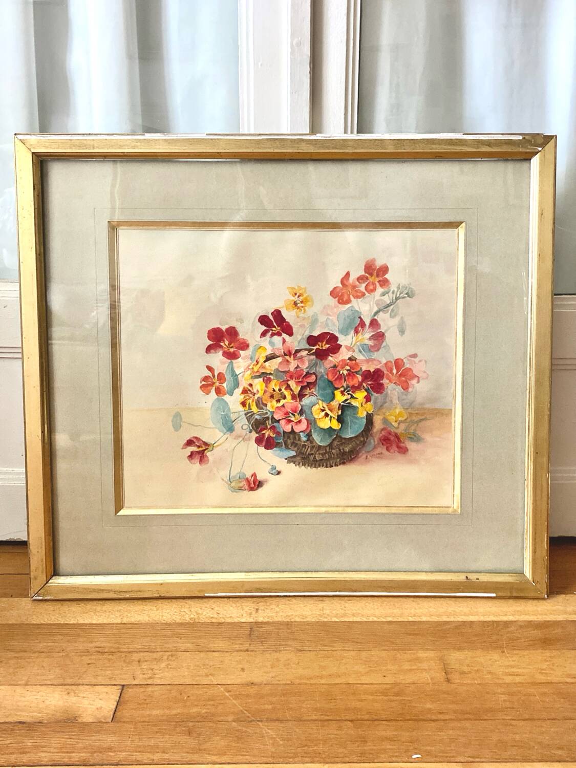 Grand tableau Aquarelle encadrées fin 19e siècle motif panier de fleurs