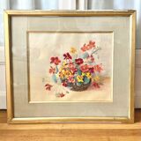 Grand tableau Aquarelle encadrées fin 19e siècle motif panier de fleurs