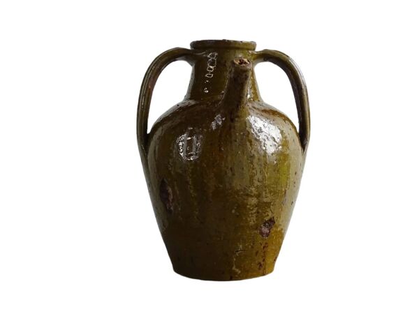 Huilerie ancienne française en terre cuite à noyer et glaçure verte