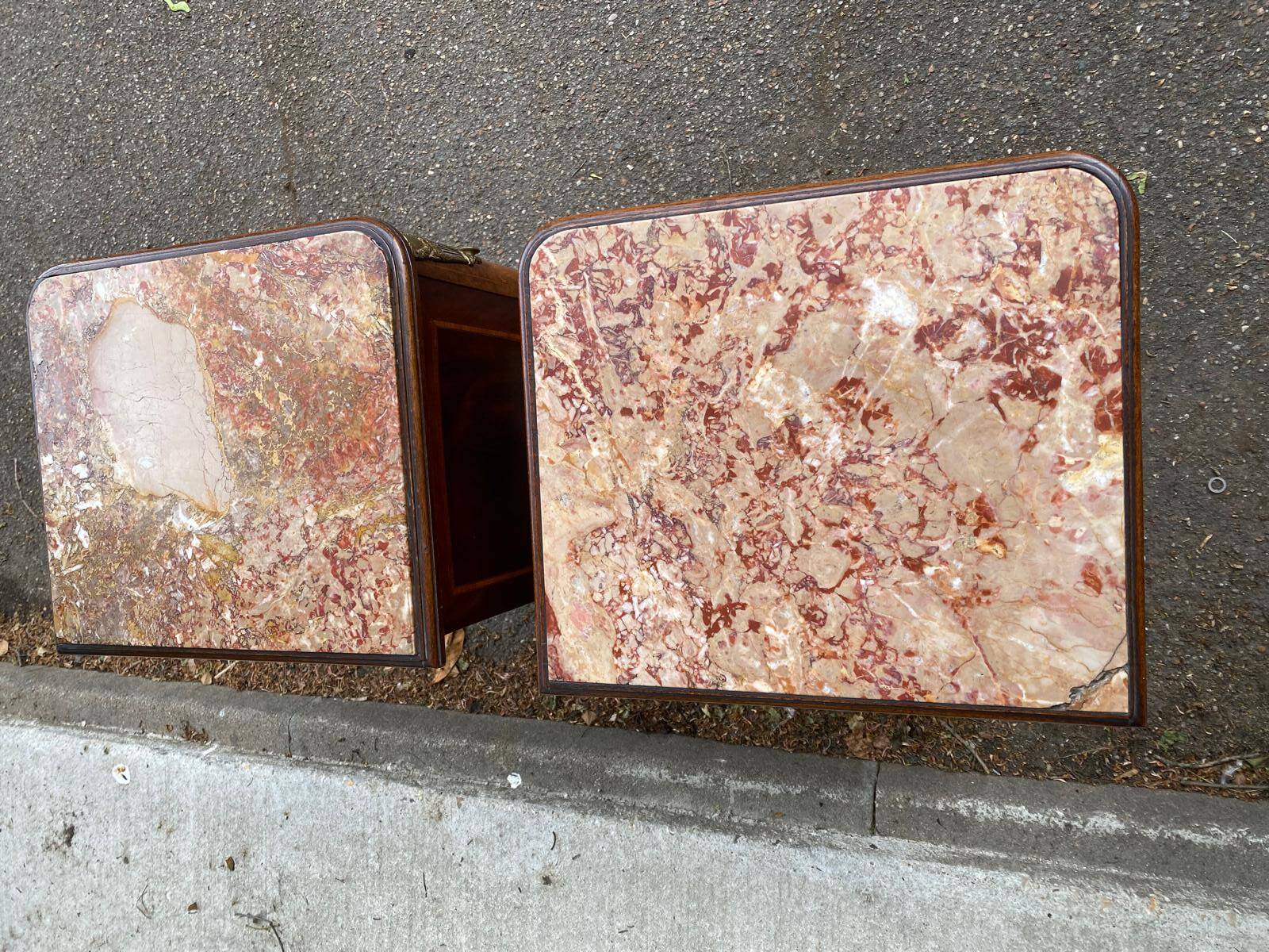 Pair of Louis XV bedside tables, 19th century, marquetry and pink marble