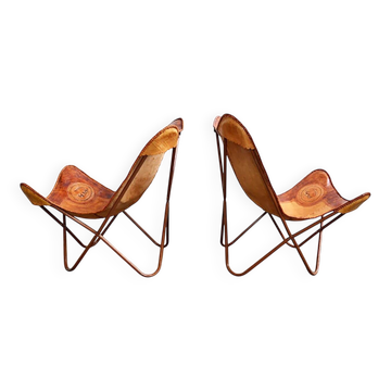 Lot de 2 chaises Butterfly vintage en cuir marron avec structure métal