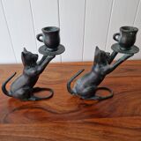 2 bronze cat candlesticks
