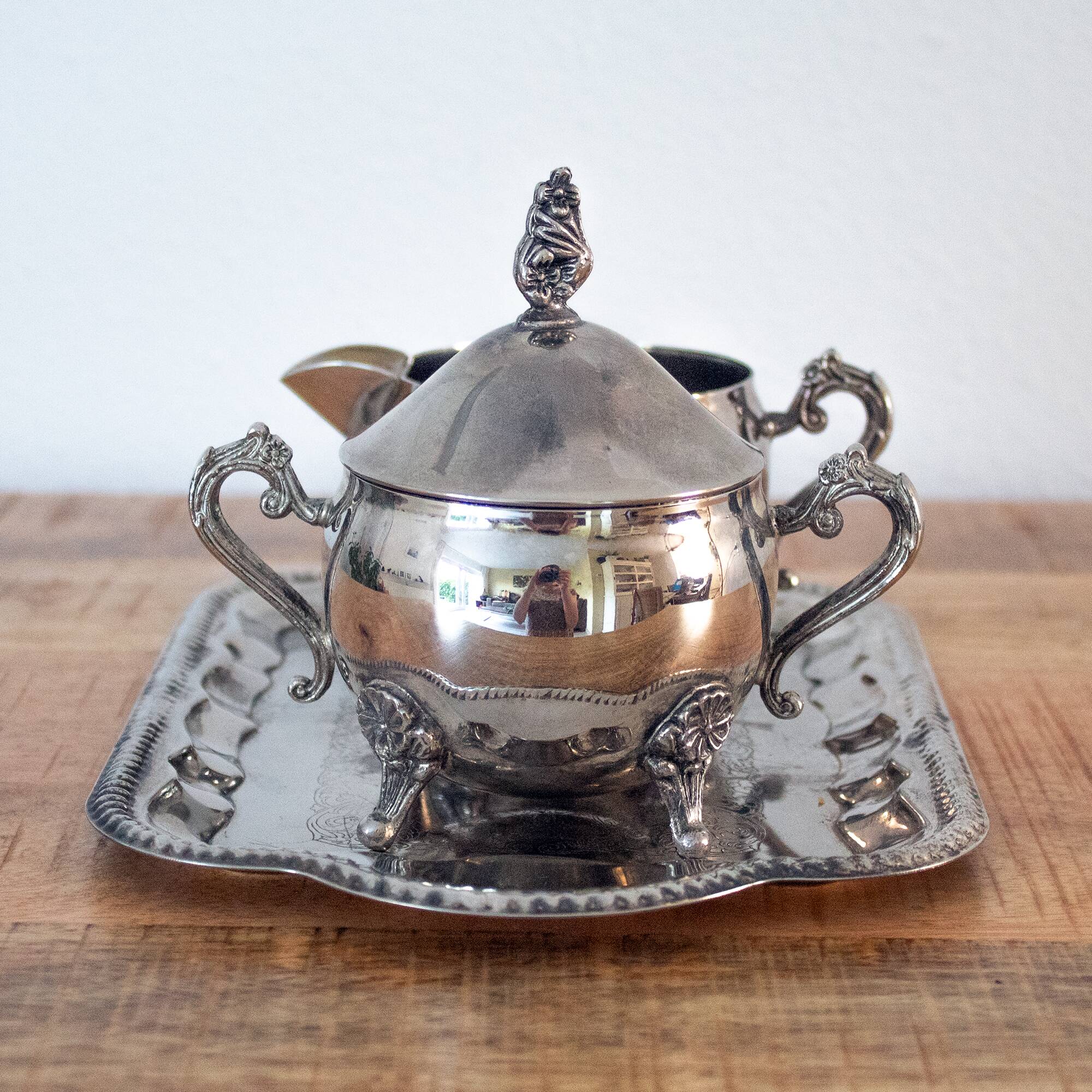 Antique Silver Plated Sugar Bowl & Creamer Set on Tray: Old Tableware