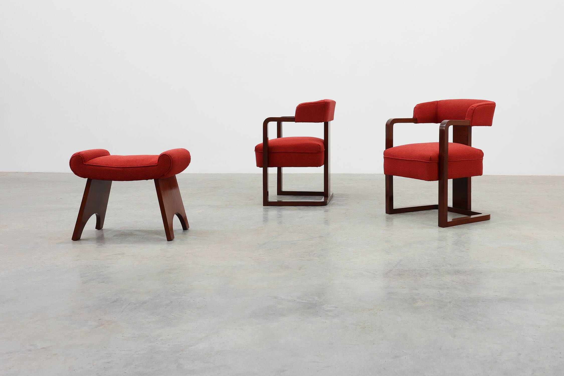 Ensemble of Two Art Deco Chairs with Matching Stool, Belgium ca. 1920