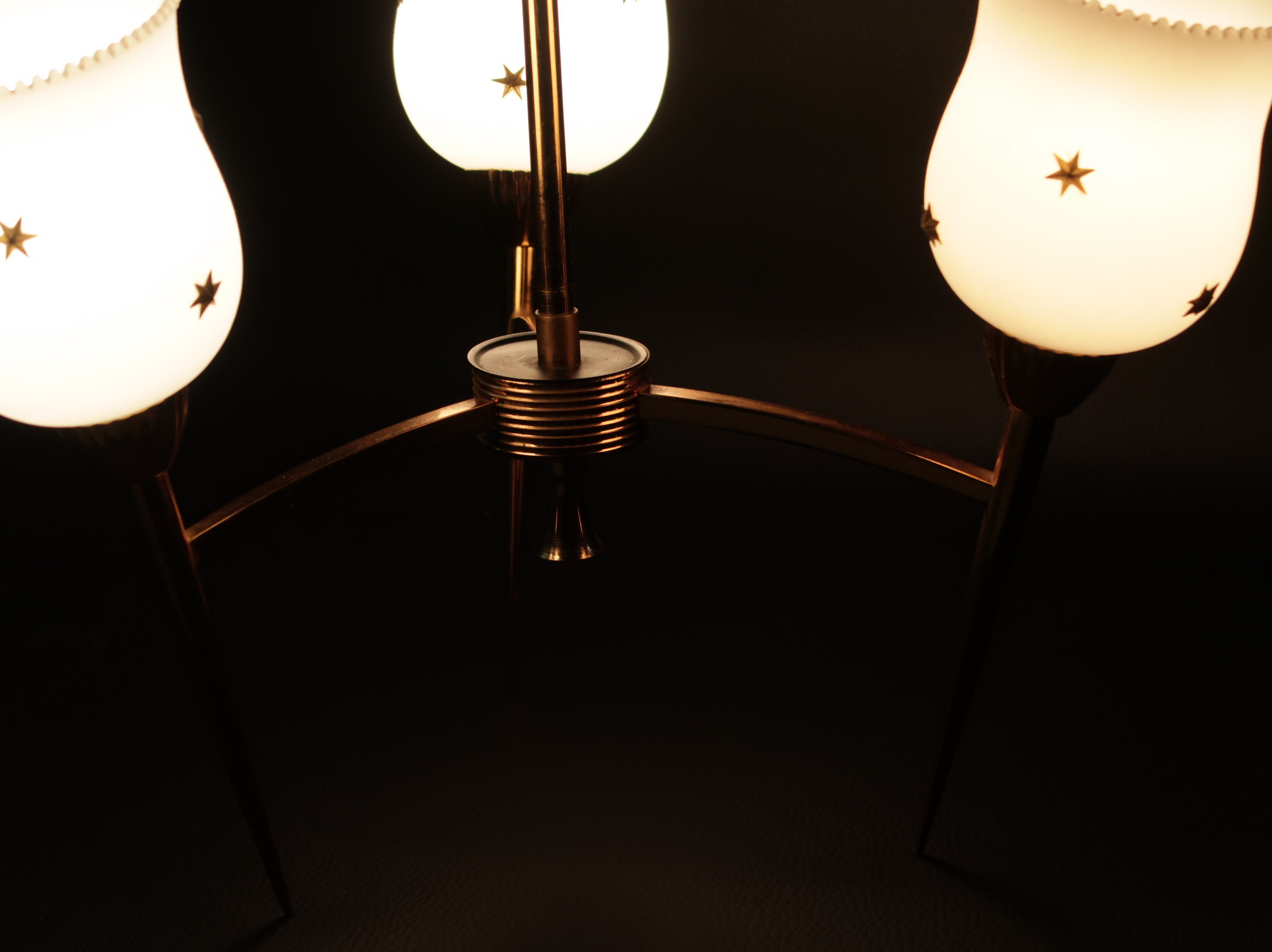 Golden glass chandelier, 3 lights and star-decorated