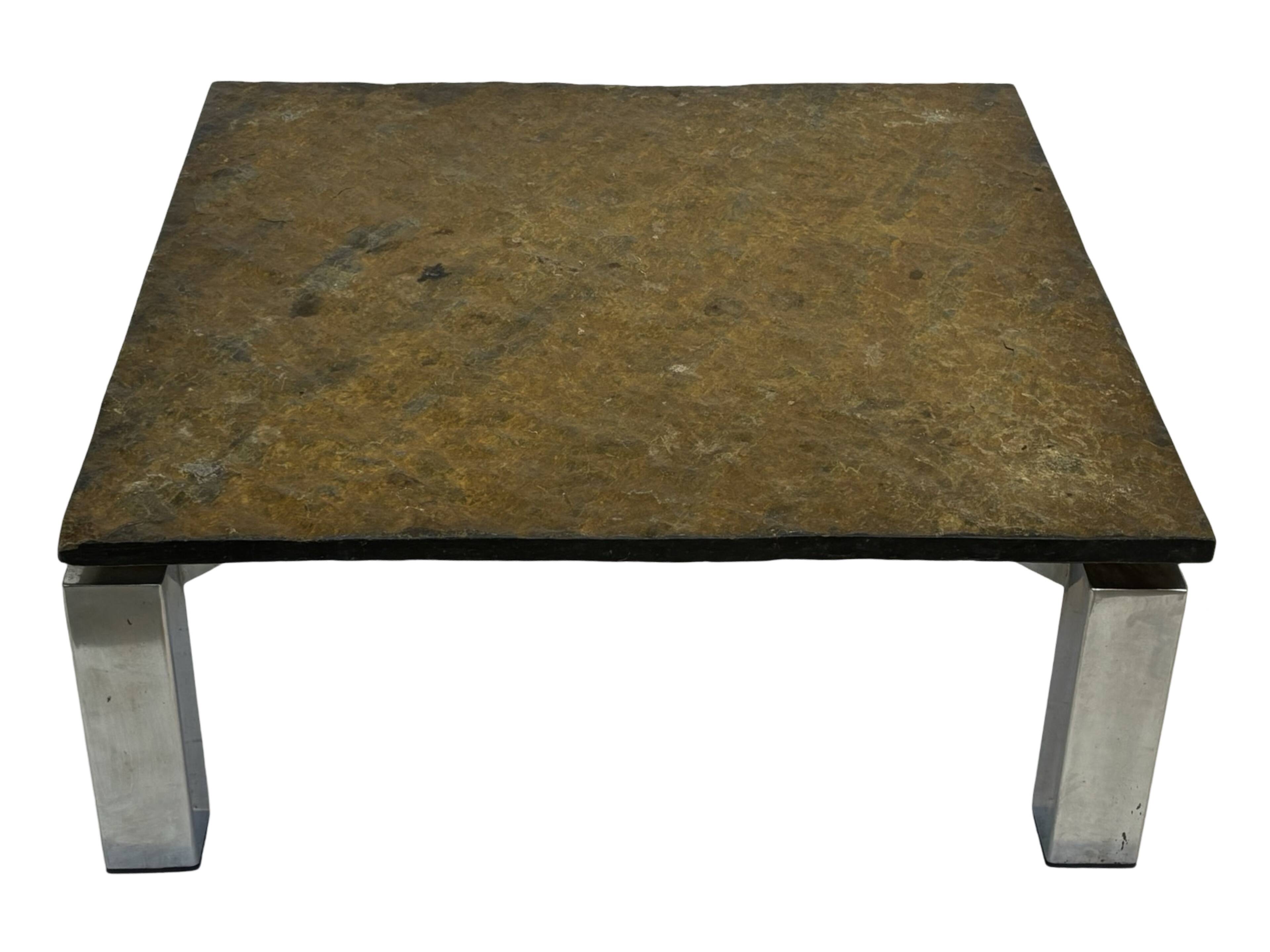 Table basse carrée plateau en pierre et piètement en acier chromé - années 60