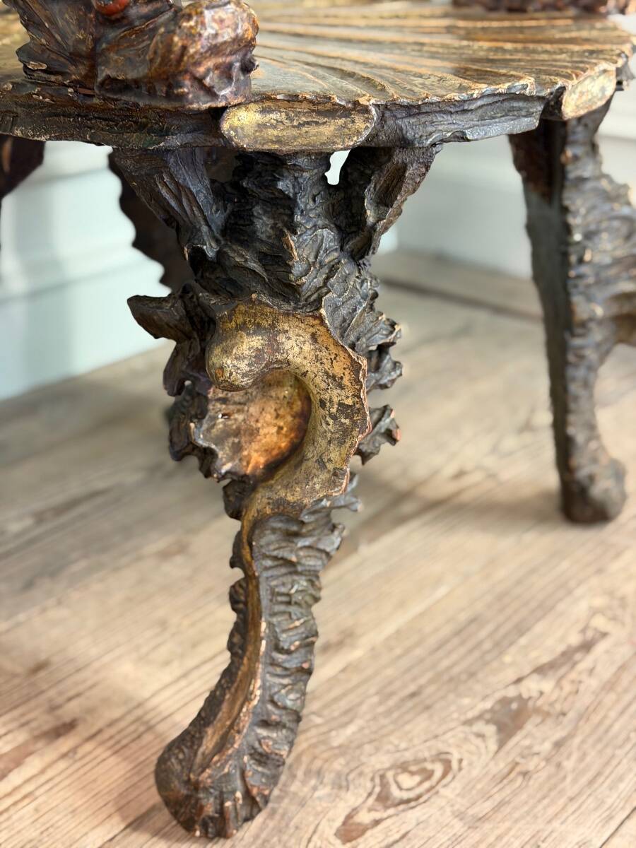 Venetian "Grotto" armchair in carved polychrome wood, silvered and gilded, circa 1890.