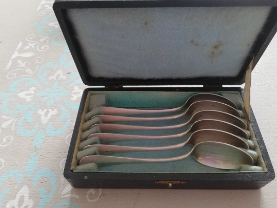 Box 6 spoons silver metal coffee