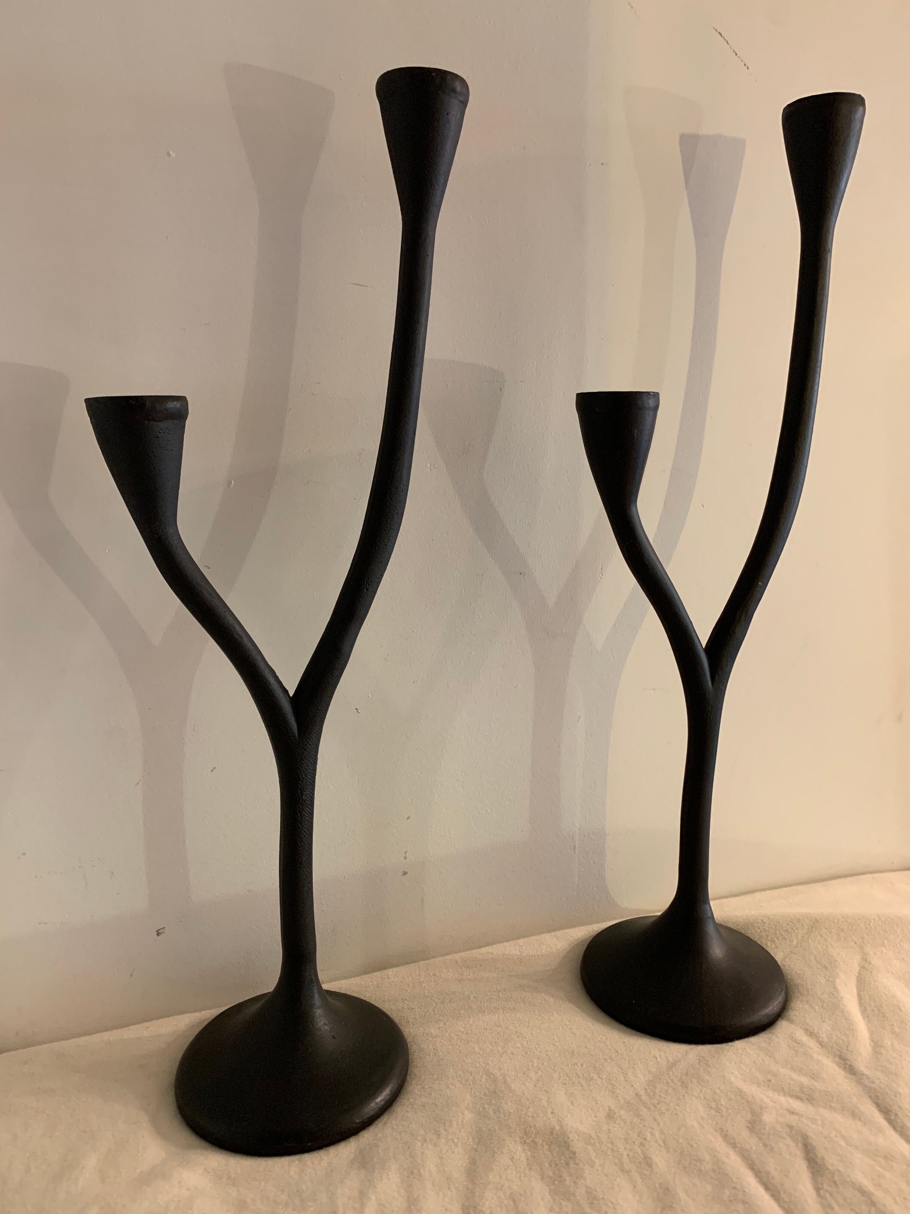 Pair of black candlesticks art deco in steel Habitat 1970