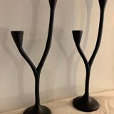Pair of black candlesticks art deco in steel Habitat 1970