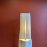 Beige marble stucco base, Houles white ecru fringed lampshade.