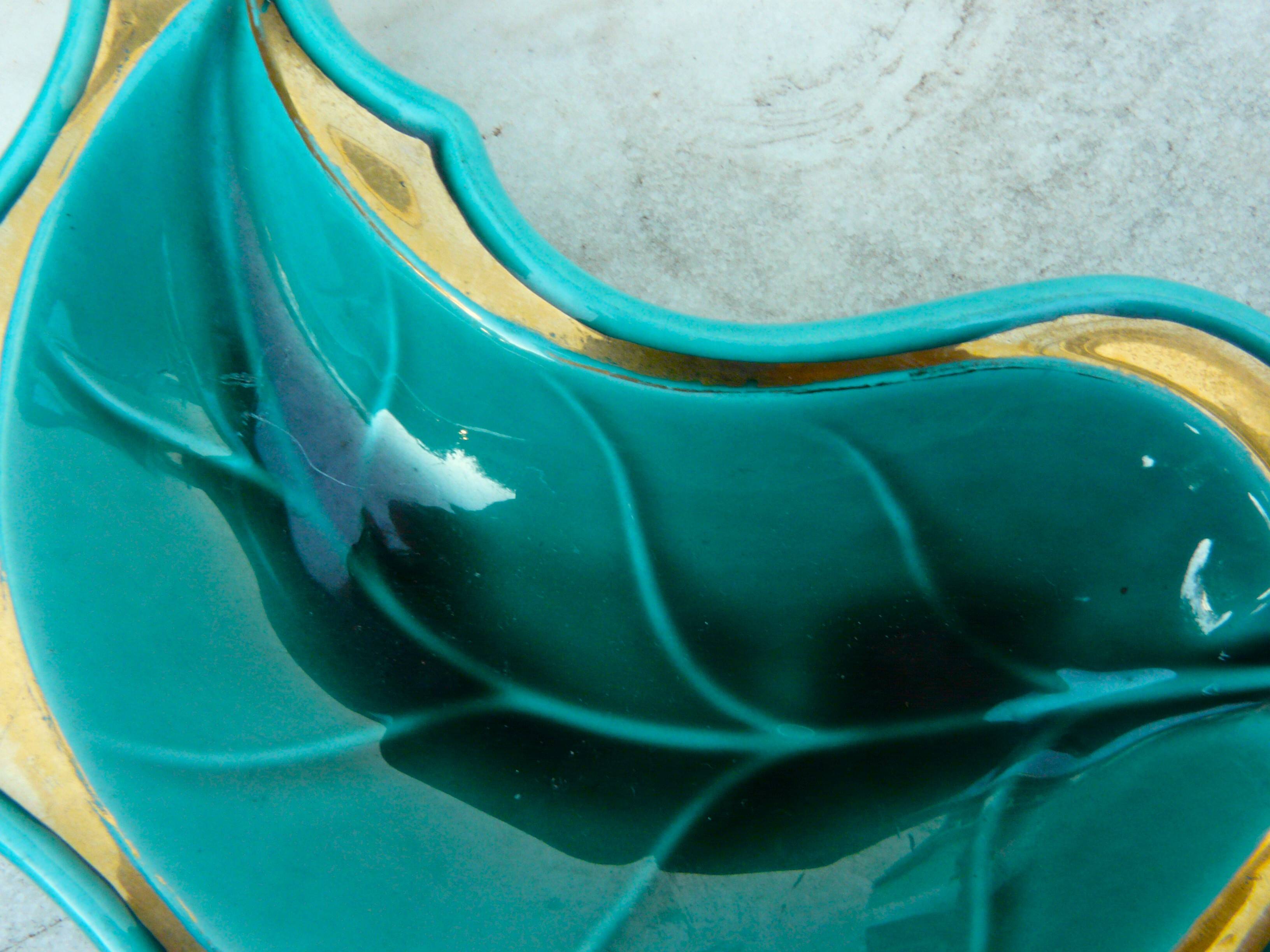 Empty cup pocket stylized leaf green ceramic enamelled verceram 1930 to 1940