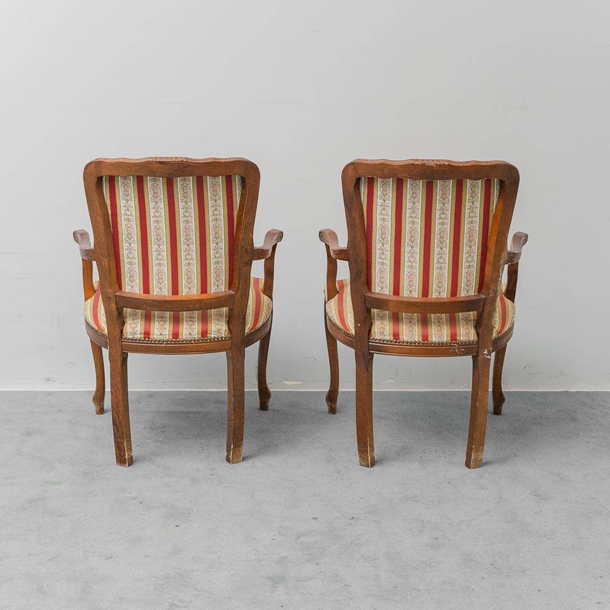 Pair of Parisian-style armchairs in wood with striped fabric armrests, vintage