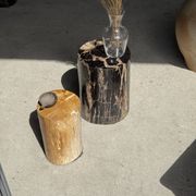 Black petrified wood side table with beige stripes and a semicircular shape.