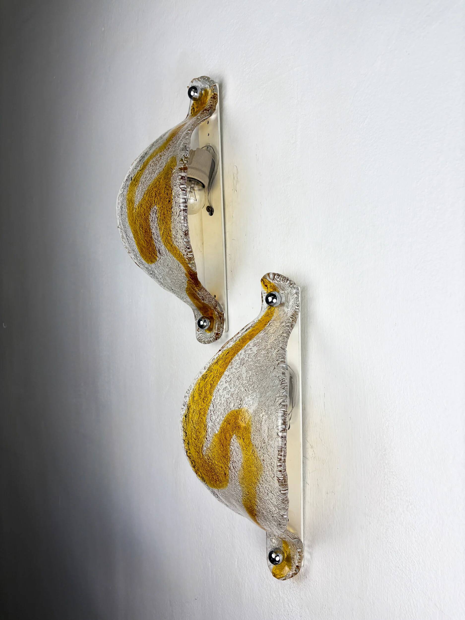 Pair of Mazzega Murano wall lights, orange frosted curved glass, Italy, 1970s