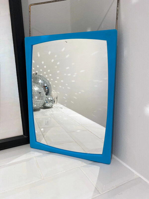 Blue plastic barber mirror made in France vintage