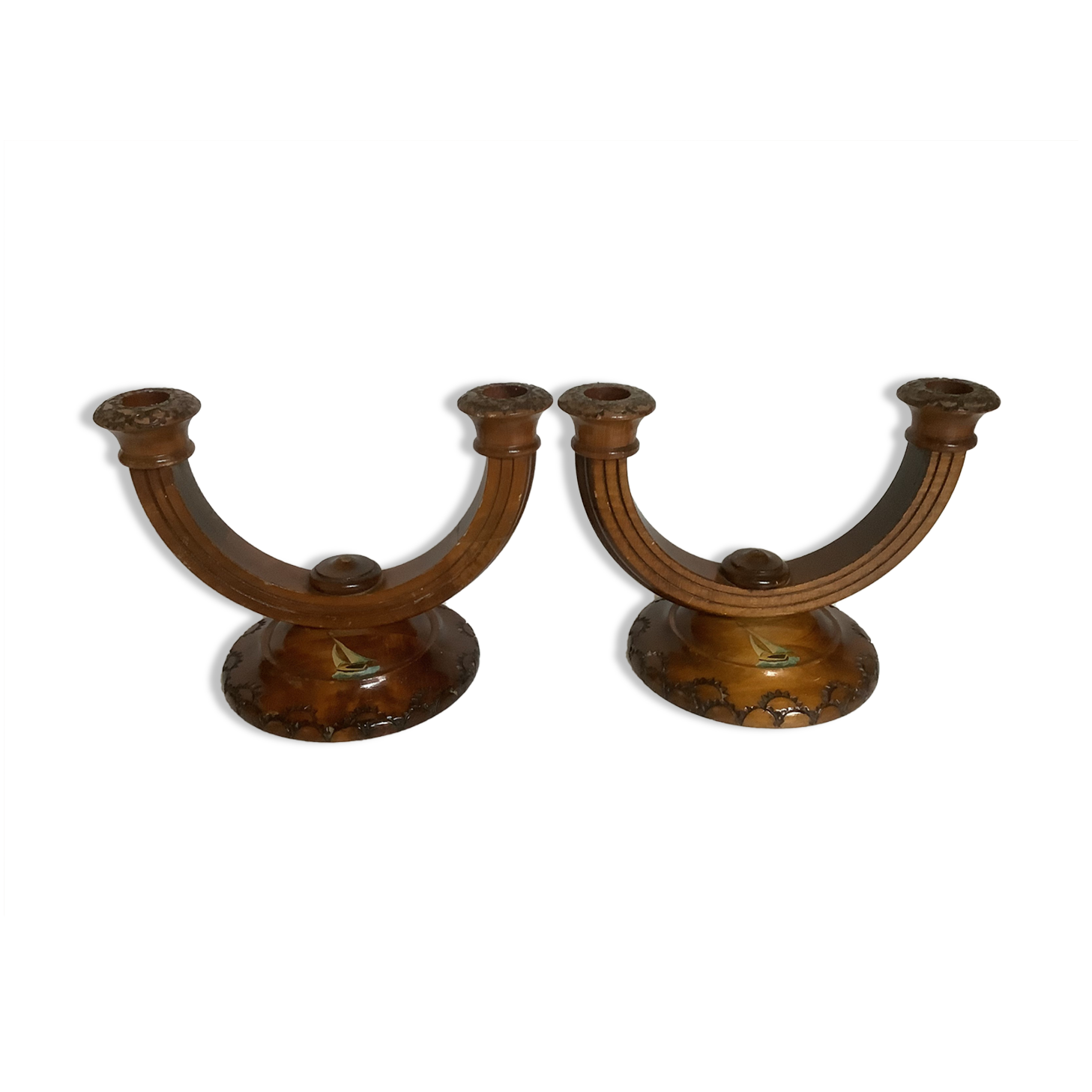 Old pair of brutalist wooden candlesticks dried flower candles
