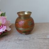 Old small brass and enamel vase with floral decoration, Small artisanal brass pot