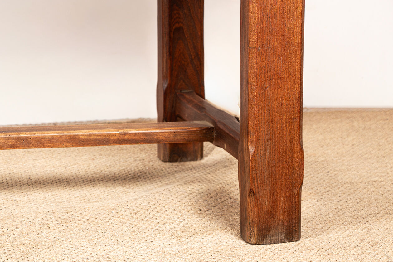 Large brutalist dining table in solid Elm, inspired by Olavi Hanninen, 1960.