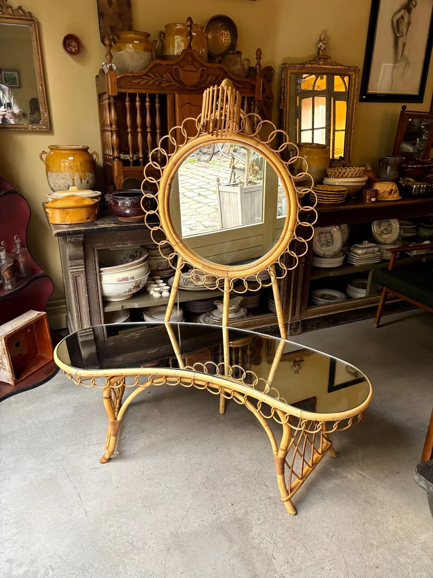 Bamboo, rattan and mirror dressing table with lighting in the style of Audoux-Minet, 1960s.