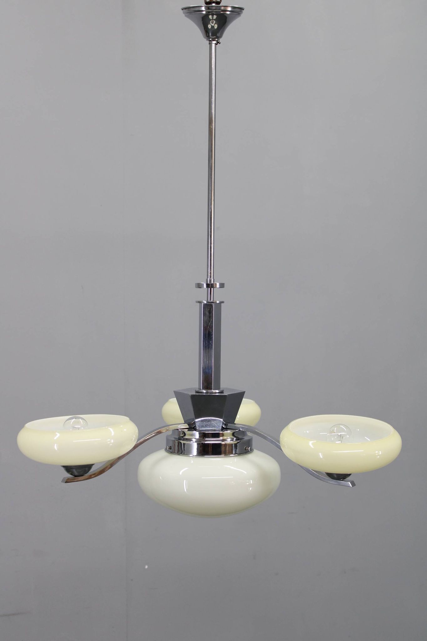 1930s Czech Art Deco chrome chandelier with cream opaline glass shades