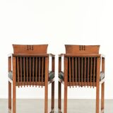 Black leather set of 2 Art Deco design dining/side chairs with armrests