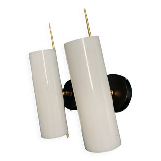 Pair of minimalist wall lights in white plexiglass and gold metal from the 70s old light fixture sev