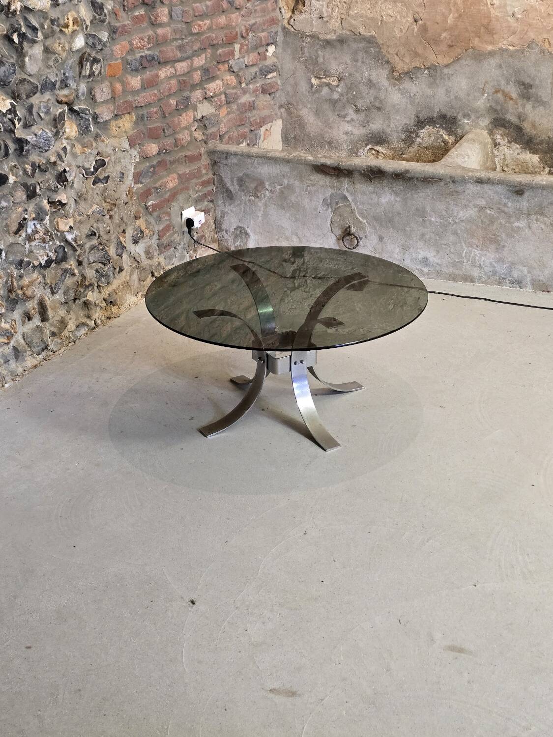 Vintage metal and smoked glass coffee table, 1970