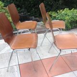 Suite of four chairs in teak color multiplis and chrome / vintage feet 60s-70s
