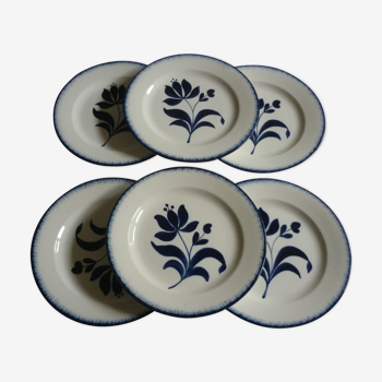 Set de 6 assiettes plate vintage motifs grosse fleur bleue