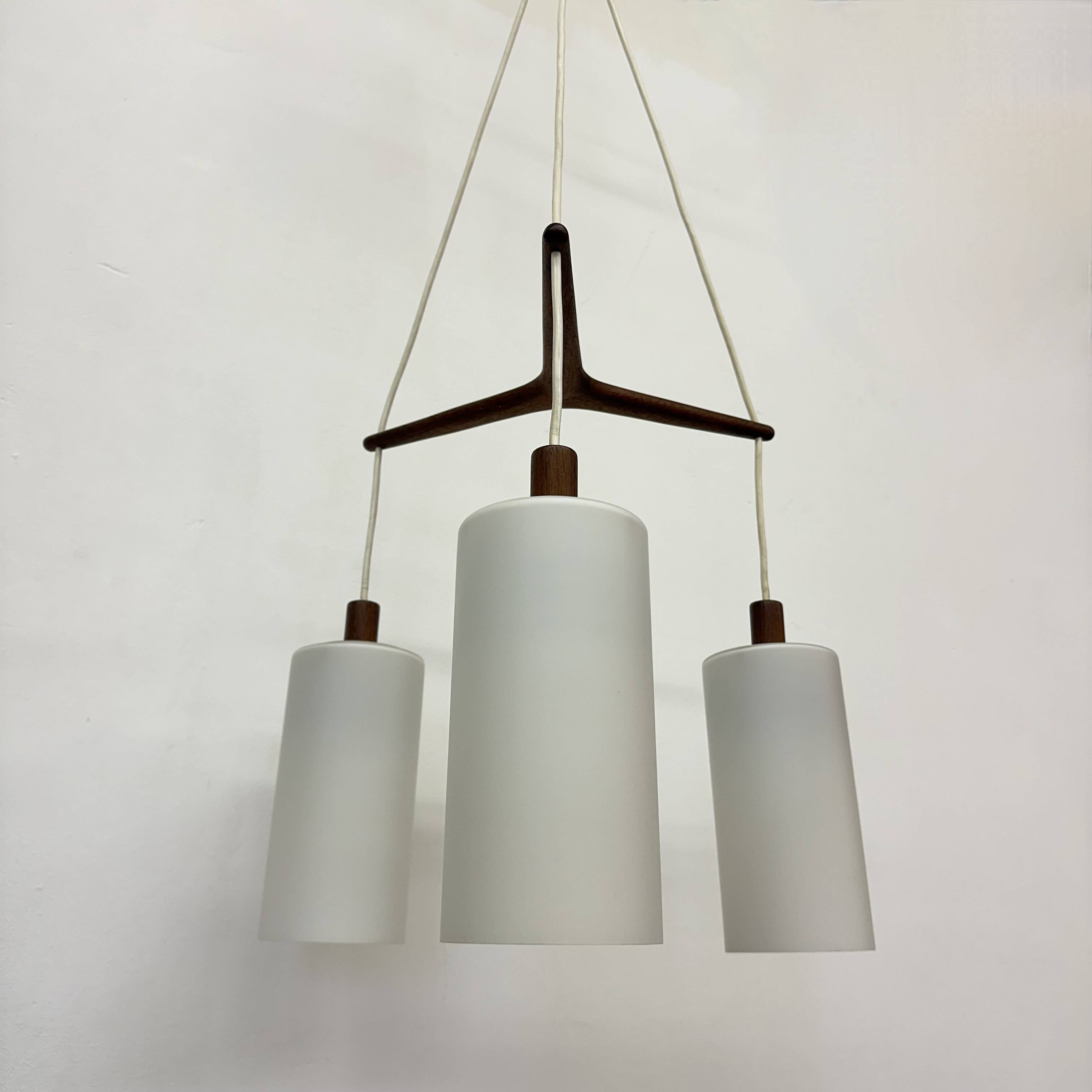 Mid-century design pendant lamp teak and opaline glass , 1970s