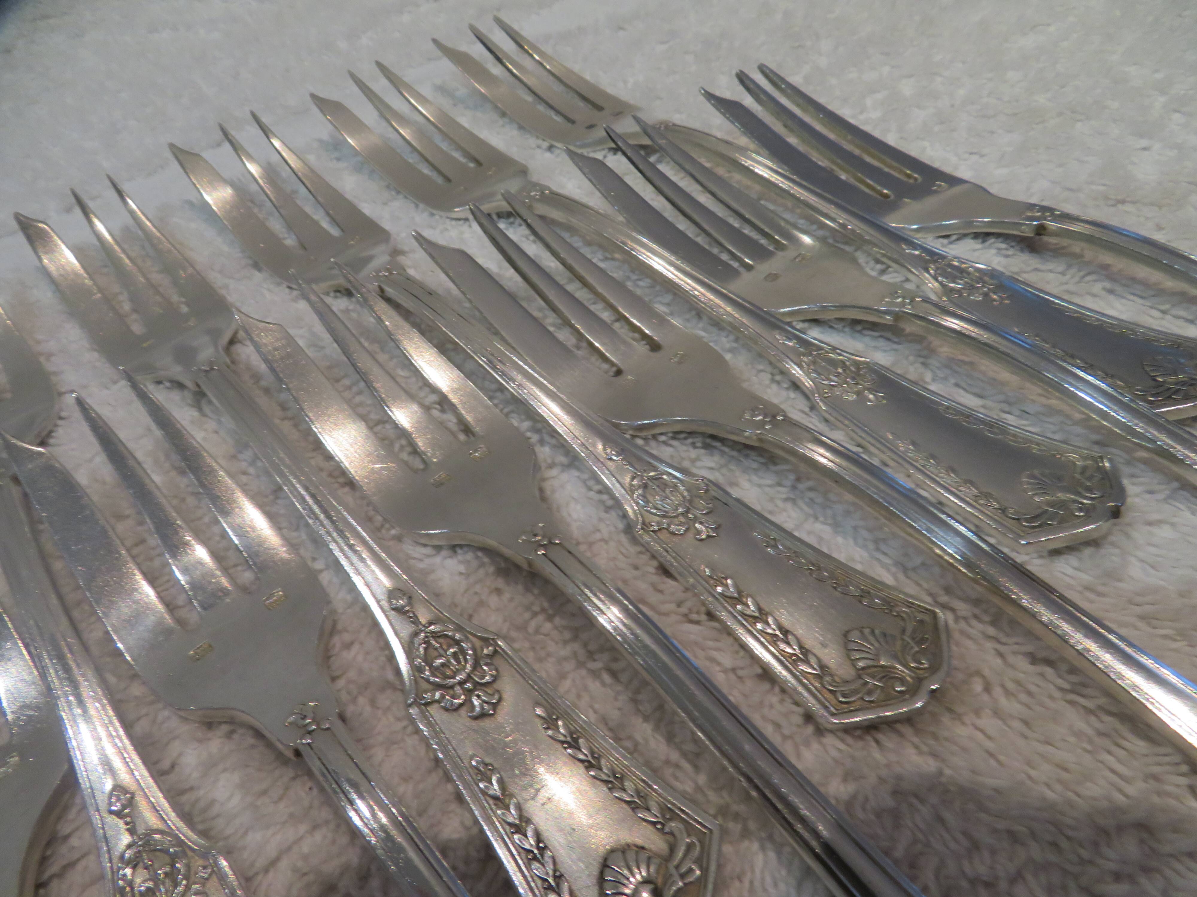 12 silver plated cake forks, goldsmith sfam, empire style