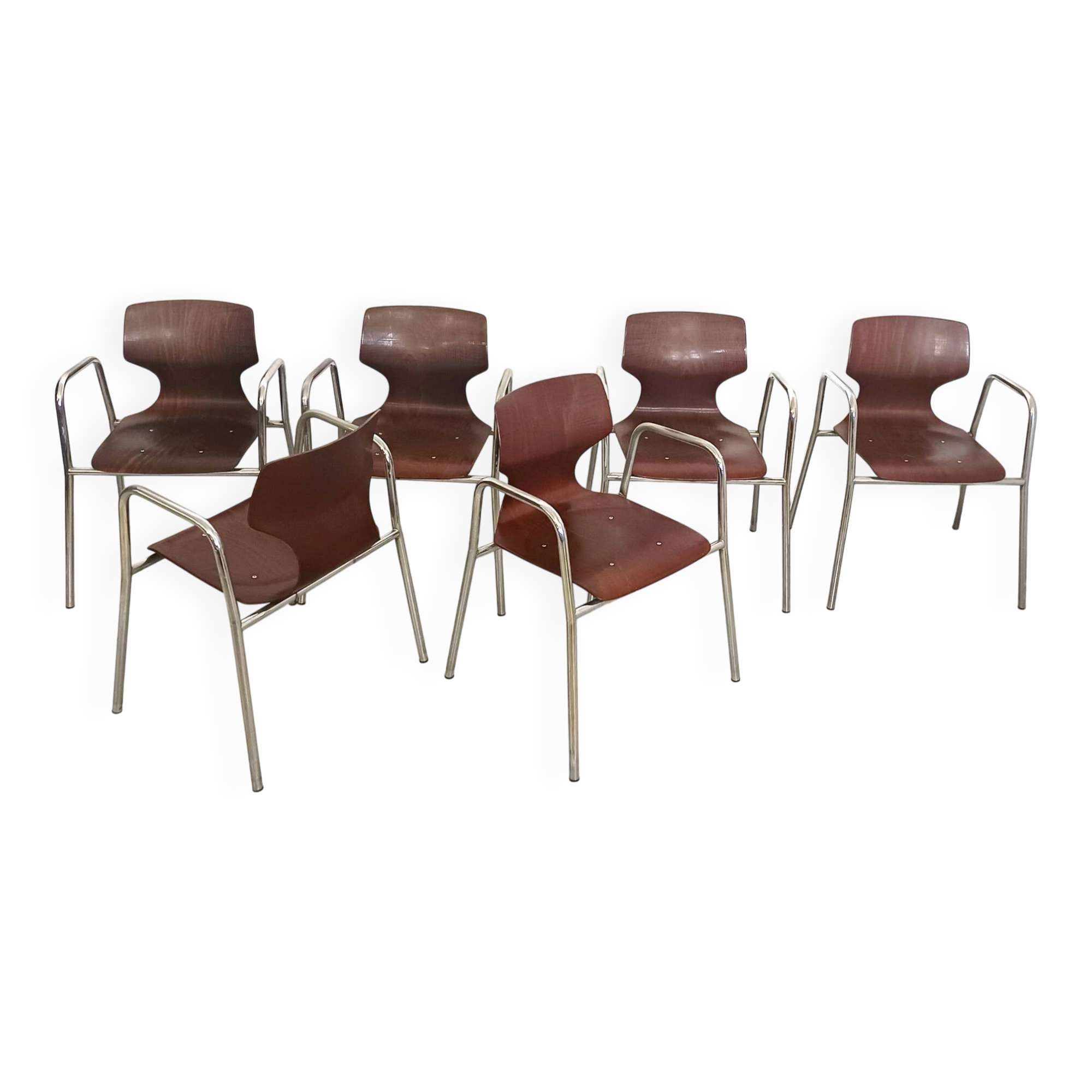 Set of Six Curved Beech Desk Chairs by Pagholz Flötotto with Armrests, Germ