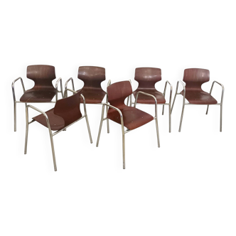 Ensemble de six chaises de bureau en hêtre courbé de Pagholz Flötotto avec accoudoirs, Germ