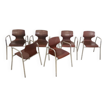 Set of Six Curved Beech Desk Chairs by Pagholz Flötotto with Armrests, Germ