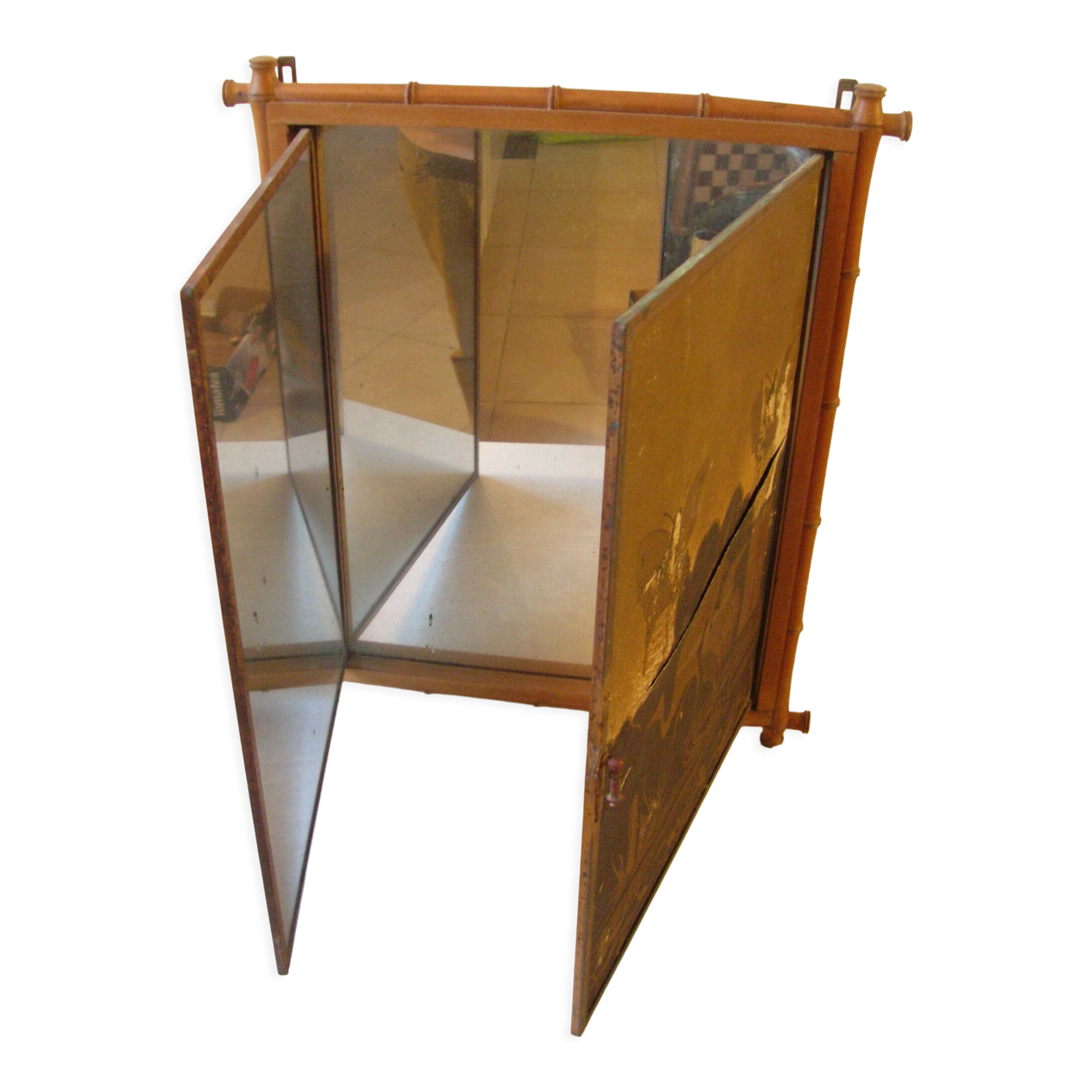 Ancien miroir triptyque Napoléon III décor japonisant bois façon bambou 78 cm