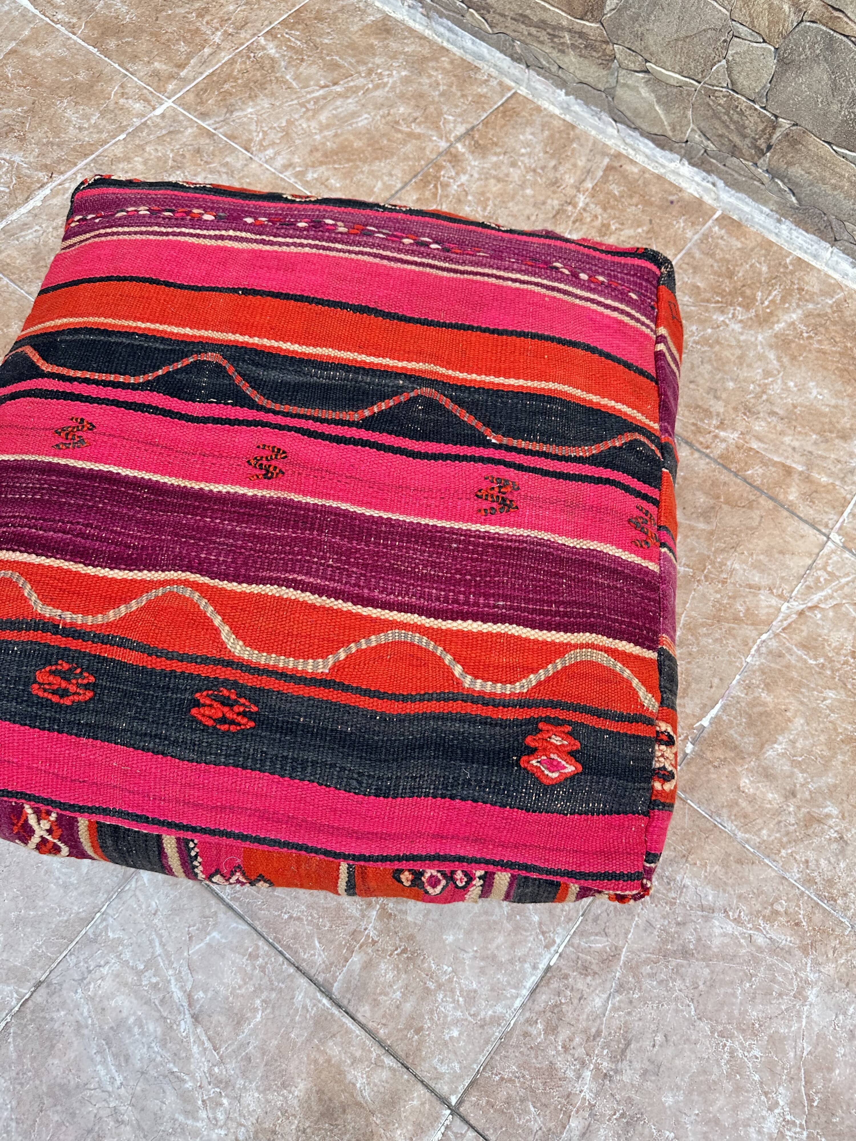Vintage handmade Berber Kilim pouf, Moroccan floor cushion.