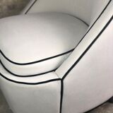 Retro vintage 80's armchair in white velvet with black trim