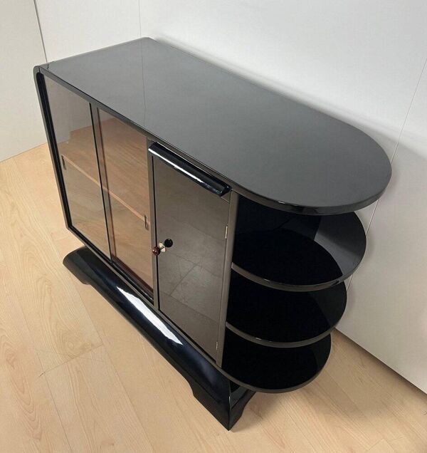 Cabinet demi-lune Art Déco français en laque noire et acajou, 1930