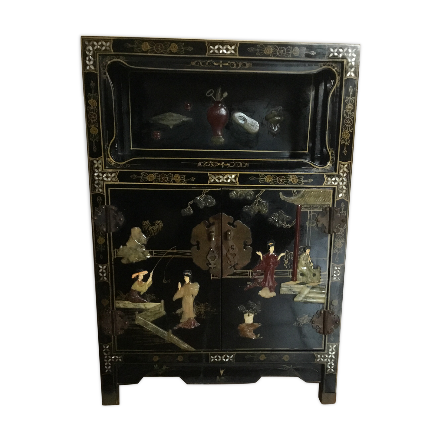 Asian laque furniture embossed motifs mother-of-pearl, stone and other