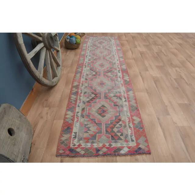 1970s Vintage Turkish Handmade Wool & Cotton Pink Runner Rug