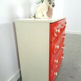 Vintage ladekast met rood roze kunststof lades 1970