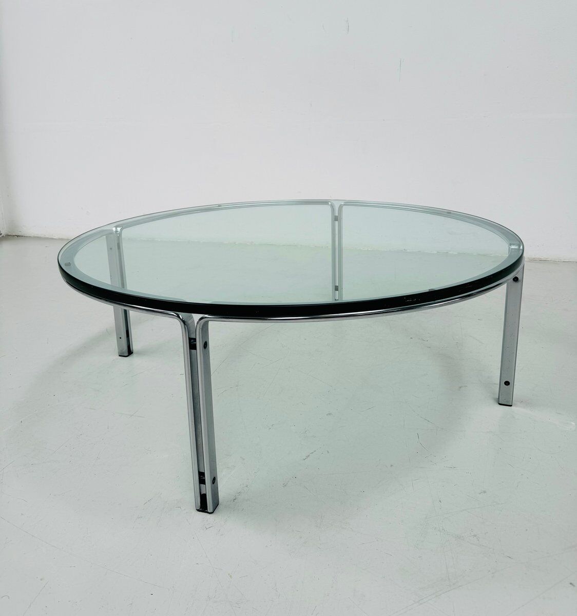 Vintage round glass & steel coffee table by Horst Brüning for Kill International, 1960s