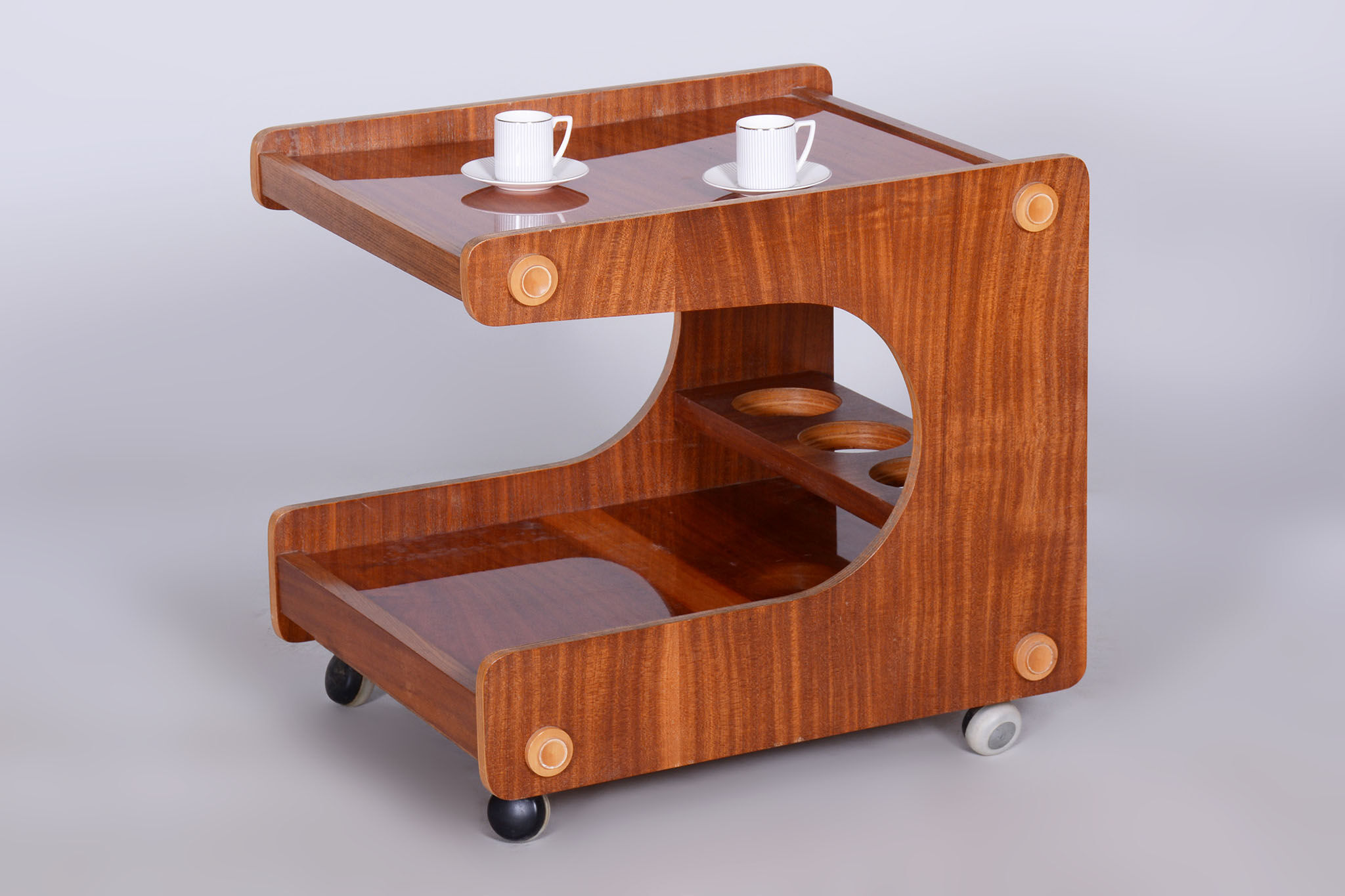 Restored midcentury mahogany trolley, revived polish, czechia, 1960s
