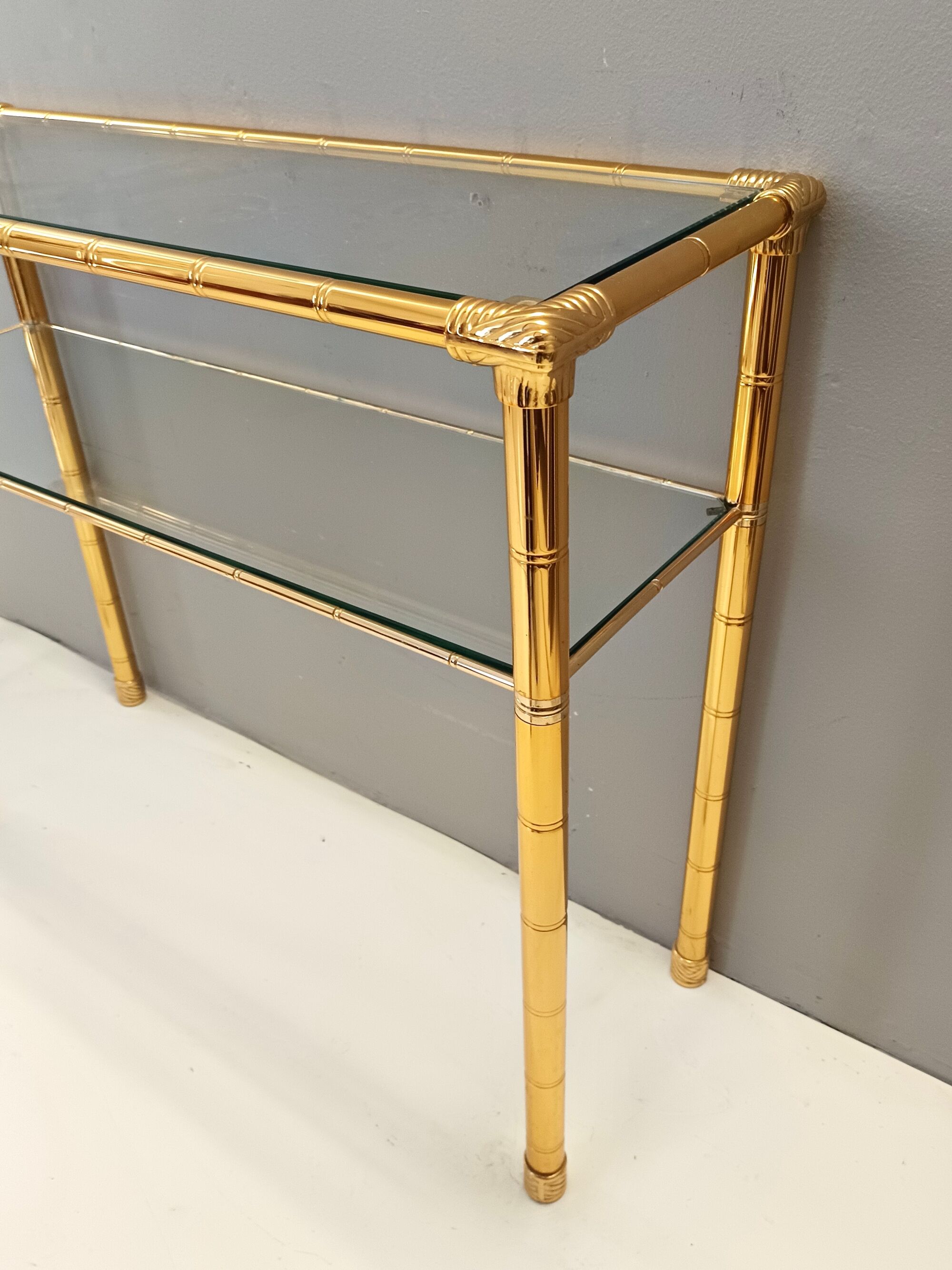 Rectangular Gold Aluminum Console Table with Two Glass Shelves, Italy
