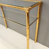 Rectangular Gold Aluminum Console Table with Two Glass Shelves, Italy