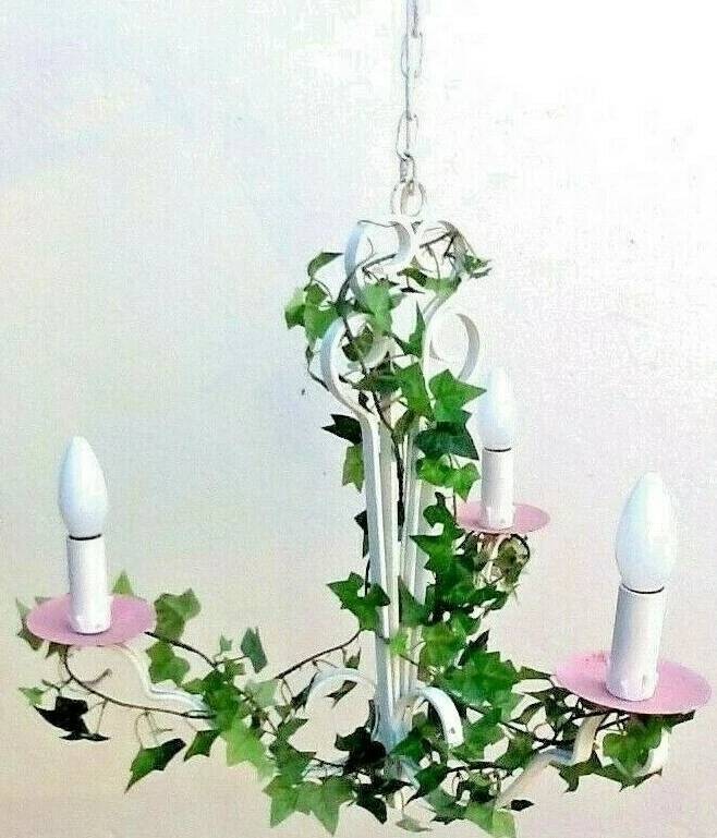Antique chandelier Maison Delmas white wrought iron / decorated with artificial ivy