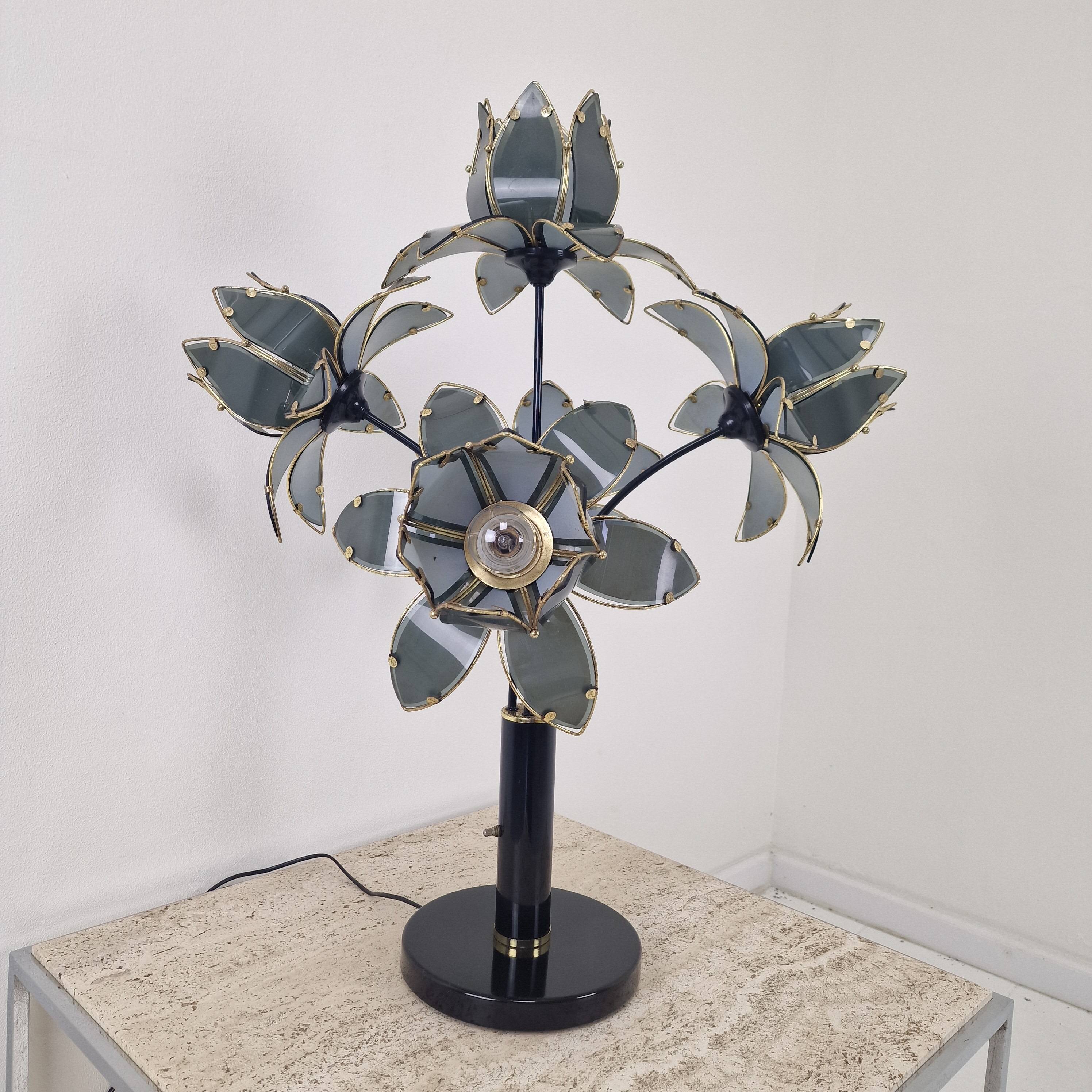 Hollywood Regency 5-Light Lotus Flower Table Lamp in Smoked Glass, 1980's